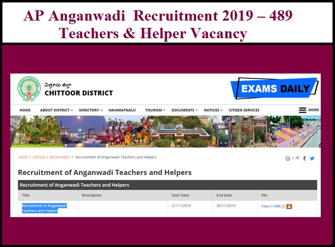 AP Anganwadi Recruitment 2019 (Out) – 489 Teachers & Helper Vacancy