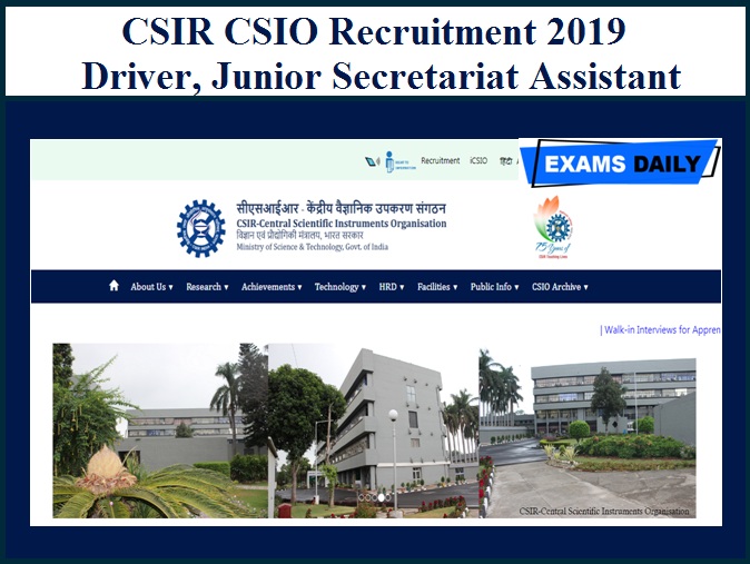 CSIR CSIO Recruitment 2019 Out - Driver, Junior Secretariat Assistant