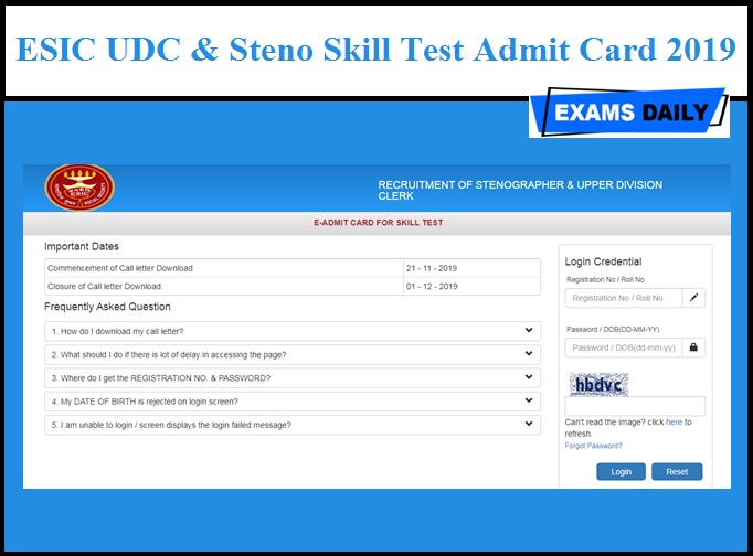 ESIC UDC & Steno Skill Test Admit Card 2019