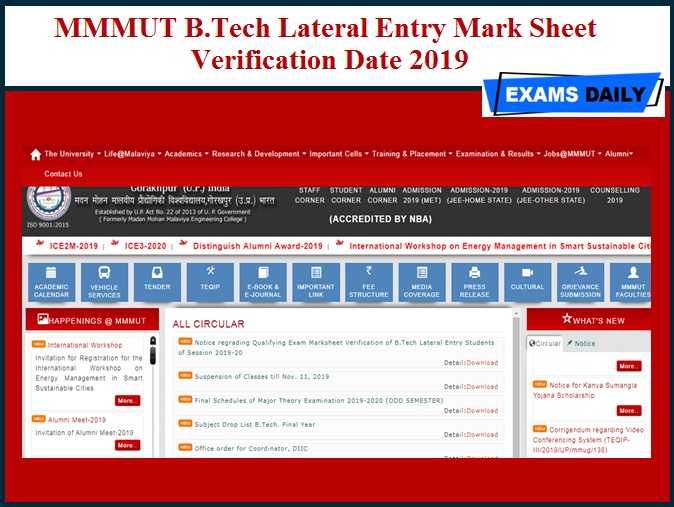 MMMUT B.Tech Lateral Entry Mark Sheet Verification Date