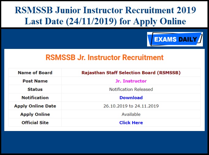 RSMSSB Junior Instructor Recruitment 2019 – Apply Online Last Date (24/11/2019)