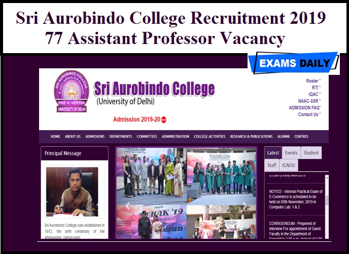Sri Aurobindo College Recruitment 2019 (Out) – 77 Assistant Professor Vacancy