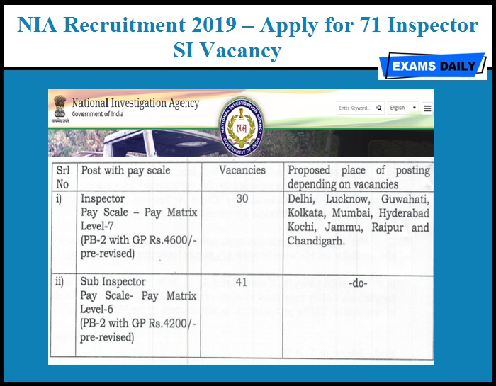 NIA Recruitment 2019 (Out) – Apply for 71 Inspector & SI Vacancy