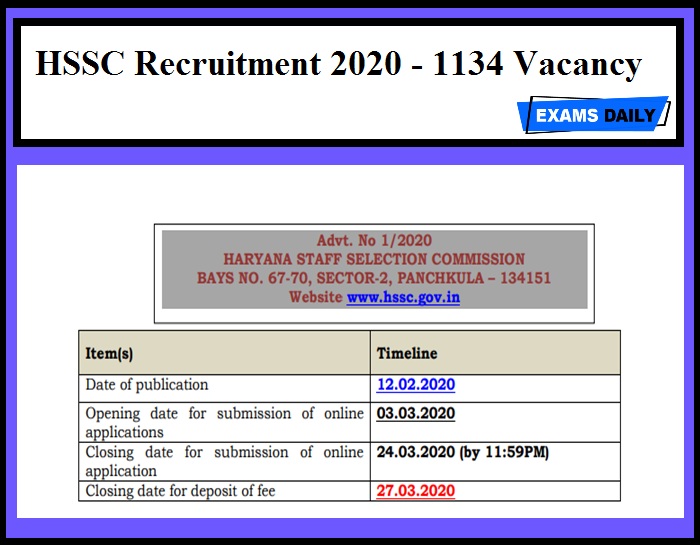 HSSC Recruitment 2020 - 1134 Vacancy