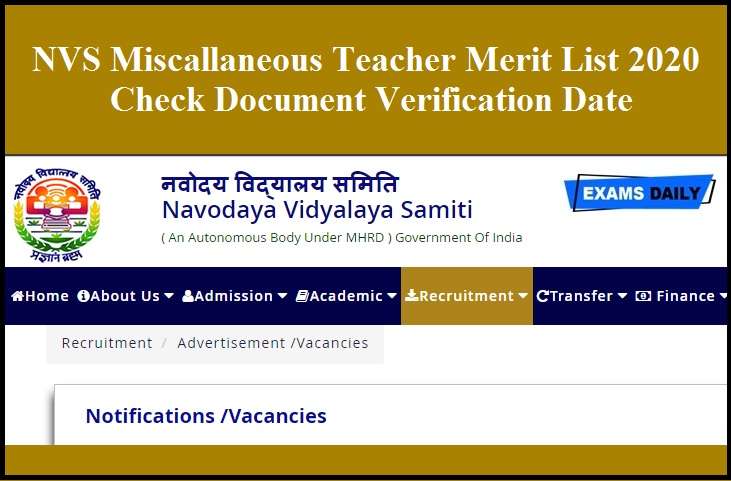 NVS Miscallaneous Teacher Merit List 2020 Out - Check Document Verification Date