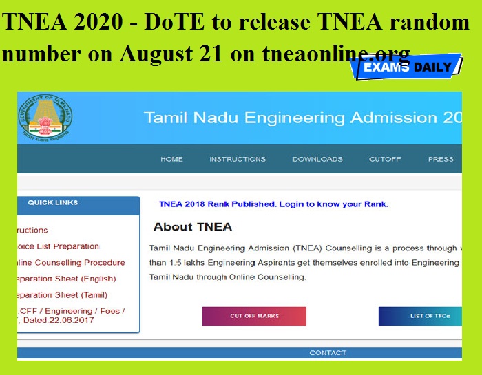 TNEA 2020 - DoTE to release TNEA random number on August 21 on tneaonline.org