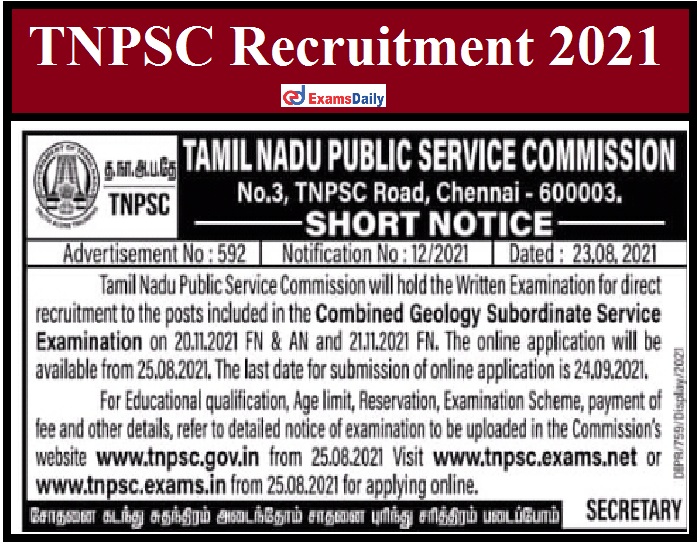 Tnpsc Recruitment 2021 Notification Released– Apply Online For Combined Geology Subordinate Service Examination For Assistant Geologist Post