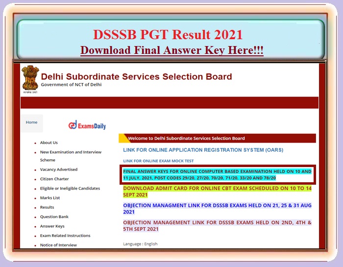 DSSSB PGT Result 2021 – Download Final Answer Key PDF Here!!!
