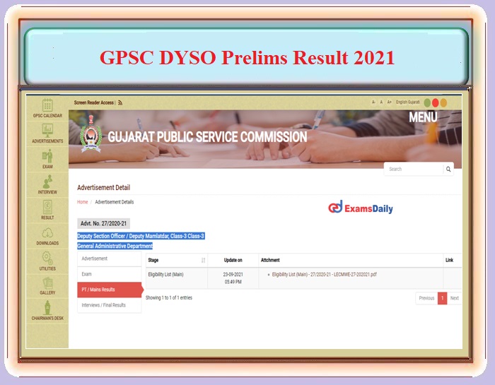 GPSC DYSO Result 2021 Prelims OUT – Download Cut Off, Merit List and Details Here!!!