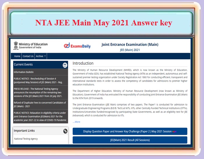 NTA JEE Main May 2021 Paper 2 Answer Key OUT – Download Objection Tracker Details Here!!!