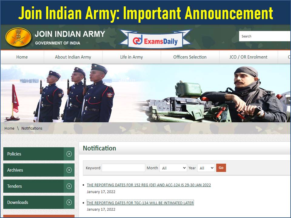 Indian Army TGC-134 Reporting Date Announced- Check 152 REG (DE) and ACC-124 Date Details!!!