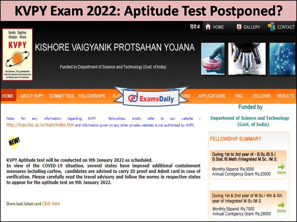 KVPY Exam 2022 Aptitude Test Postponed Check Board s Instructions 