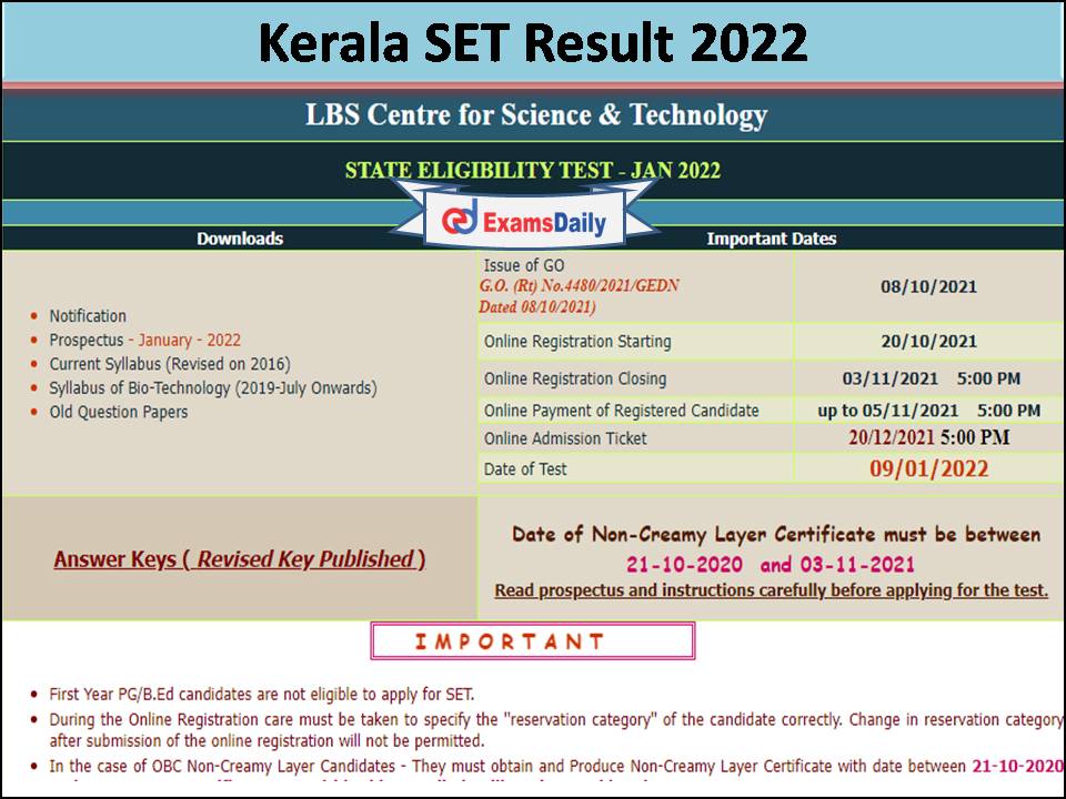 Kerala SET Result 2022 Download Link Available Soon!!!