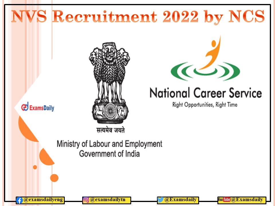 NVS Recruitment 2022 by NCS – 1100+ Vacancies for Min 10th Pass - Apply Online!!!