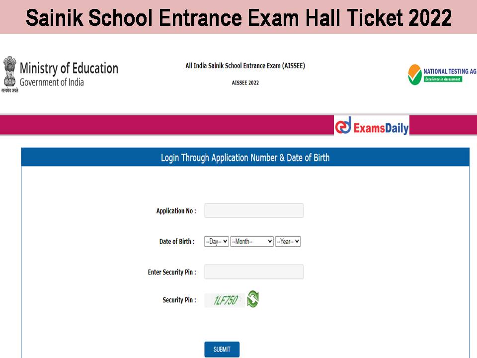 Sainik School Entrance Exam Hall Ticket 2022