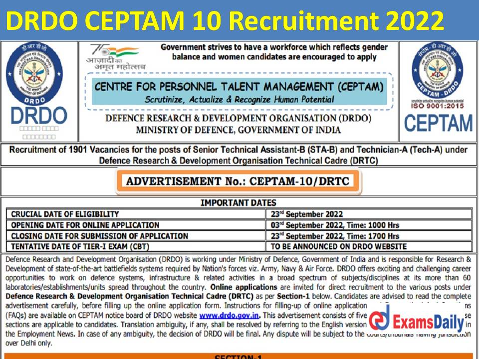 DRDO CEPTAM 10 Recruitment 2022 STA B & Tech A Notification Soon Apply Online for Technical Posts!!!