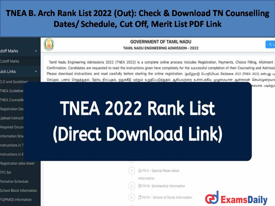 TNEA B. Arch Rank List 2022 (Out): Check & Download TN Counselling
