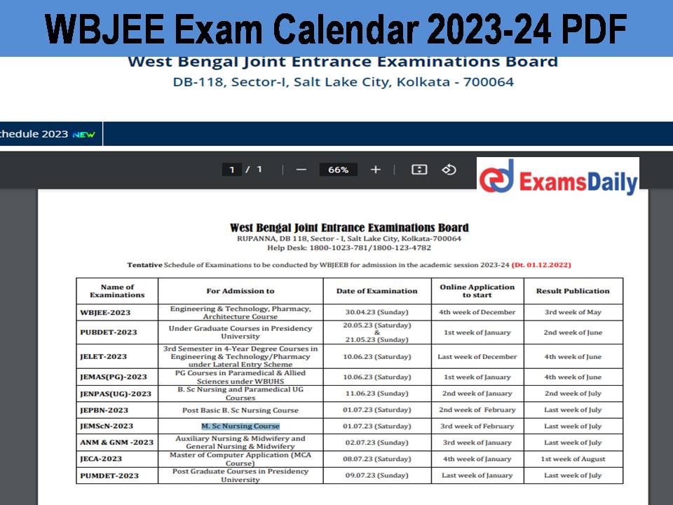 WBJEE Exam Calendar 2023-24 PDF