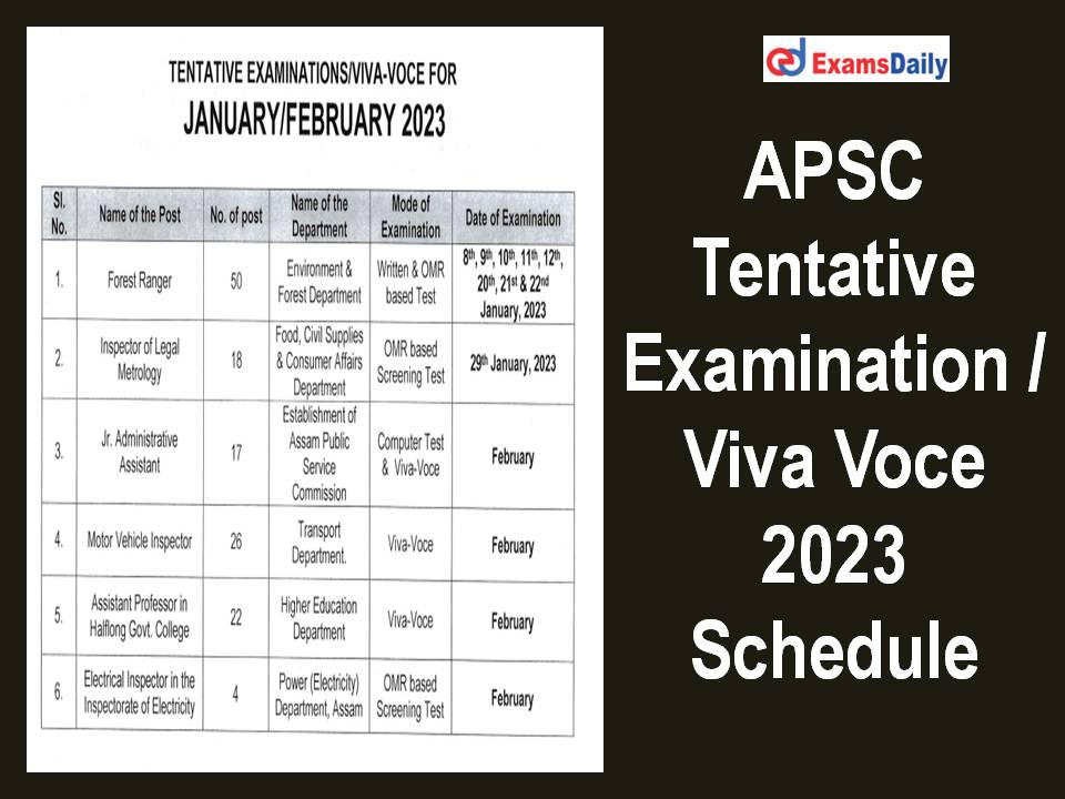 APSC Tentative Examination Viva Voce 2023 Schedule