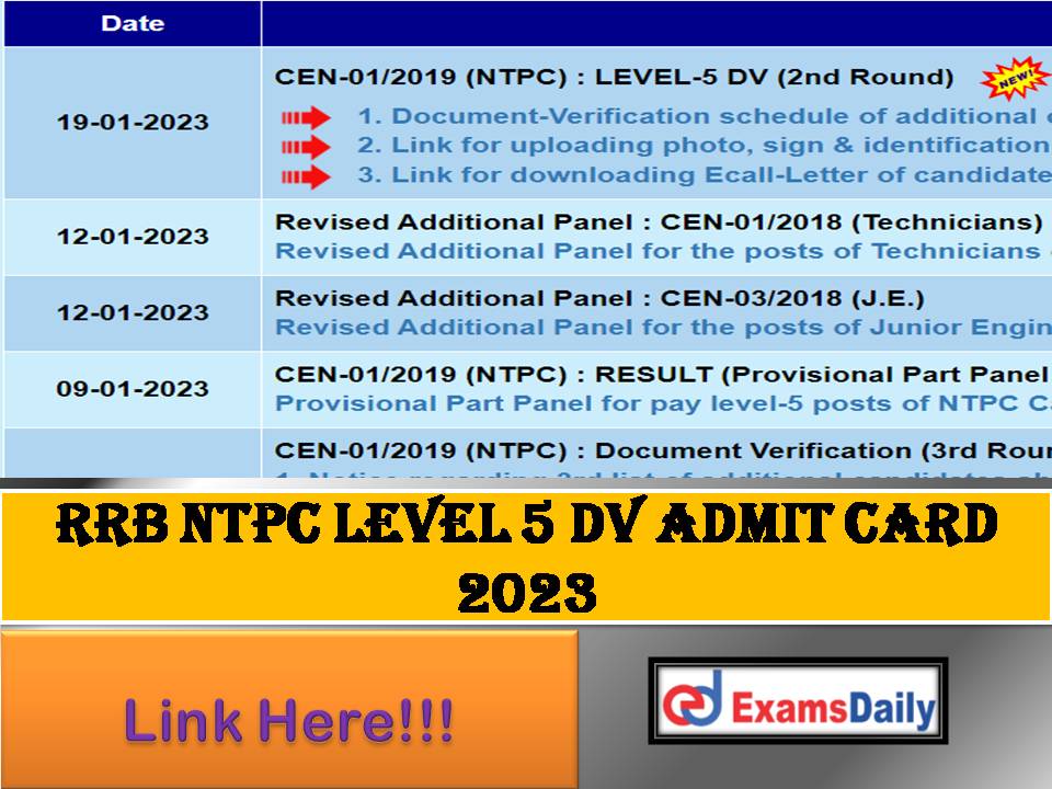 RRB NTPC Level 5 DV Admit Card 2023 (Round 2) – Download Notice for 2nd list of Additional Candidates & Document-Verification Dates!!!