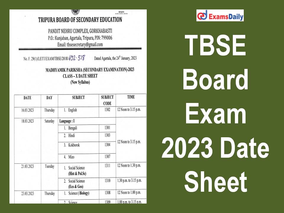 TBSE Board Exam 2023 Date Sheet