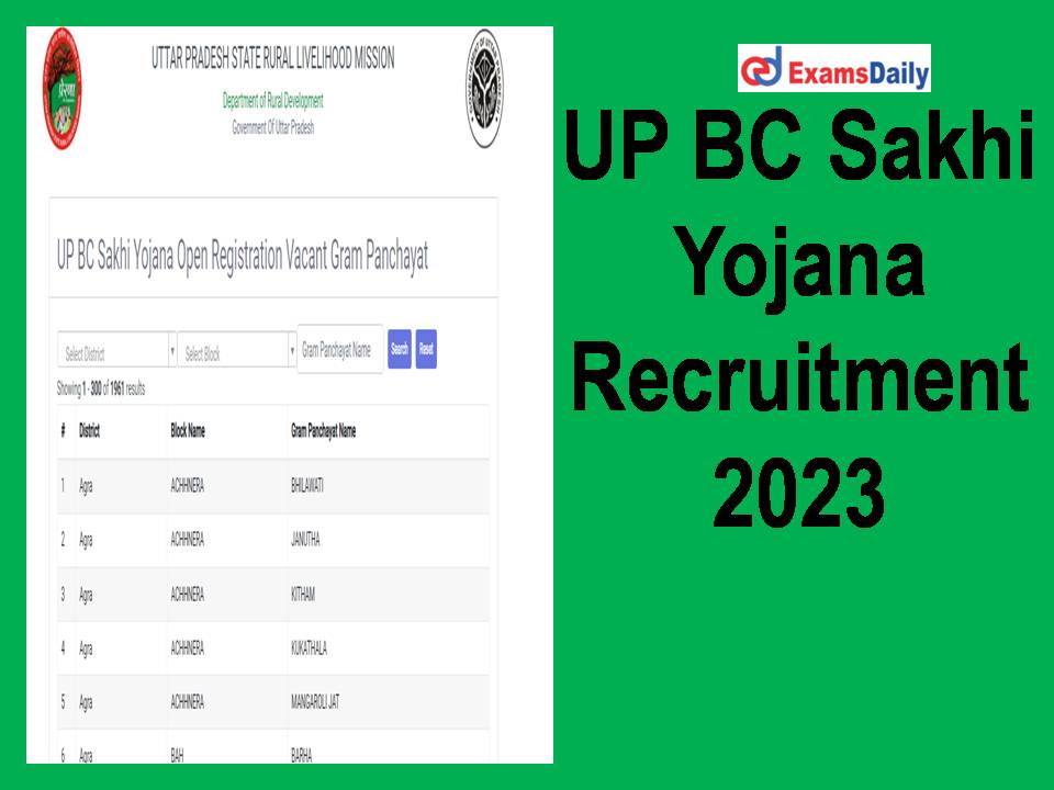UP BC Sakhi Yojana Recruitment 2023