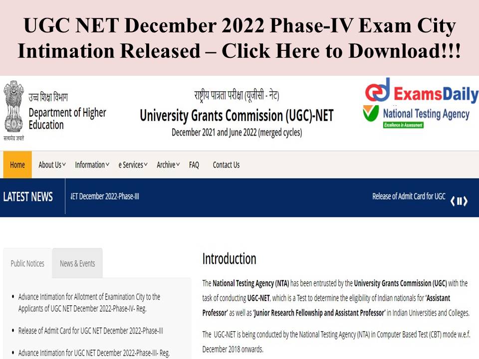 UGC NET December 2022 Phase-IV Exam City Intimation Released