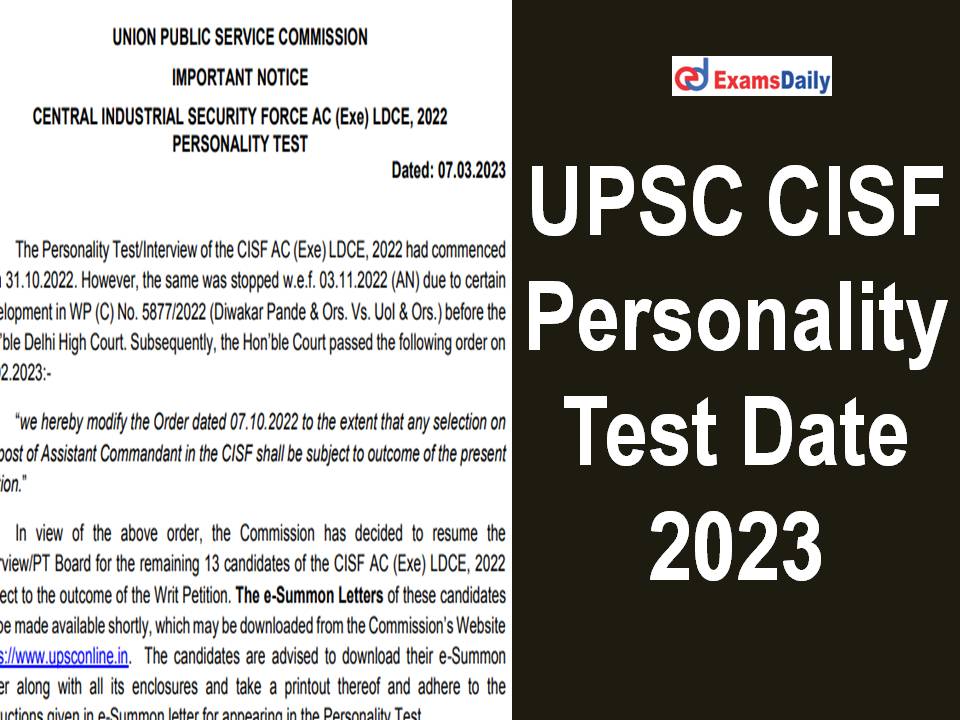 UPSC CISF Personality Test Date 2023