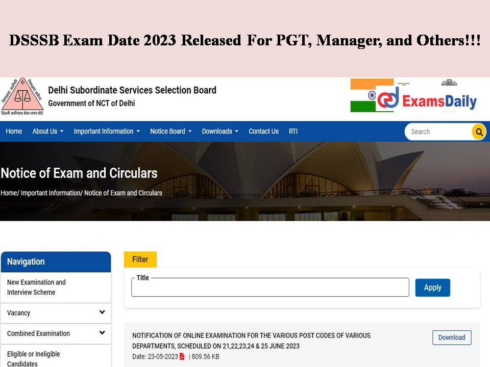 DSSSB Exam Date 2023 Released For PGT, Manager, and Others