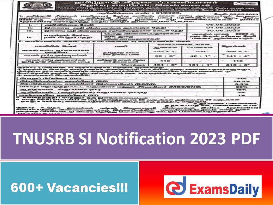TNUSRB SI Notification 2023 PDF – Short Notice Out 621 Sub-Inspectors of Police (Taluk, AR & TSP) Vacancies!!!