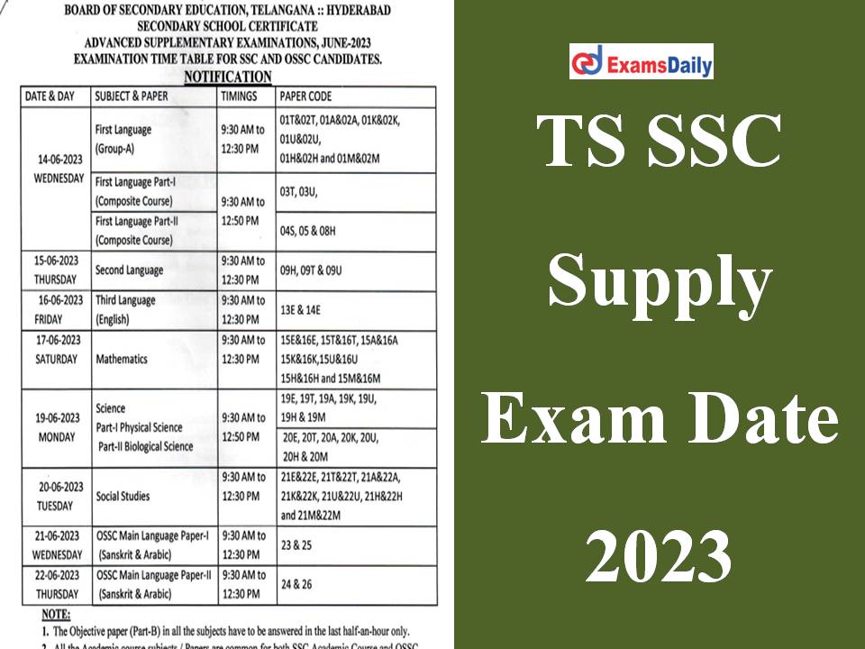 TS SSC Supply Exam Date 2023 Out Download Telangana 10th