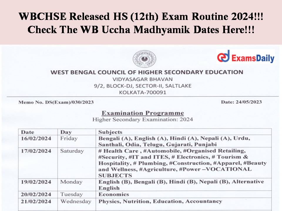 WBCHSE Released HS (12th) Exam Routine 2024(OUT) !!! Check The WB Uccha