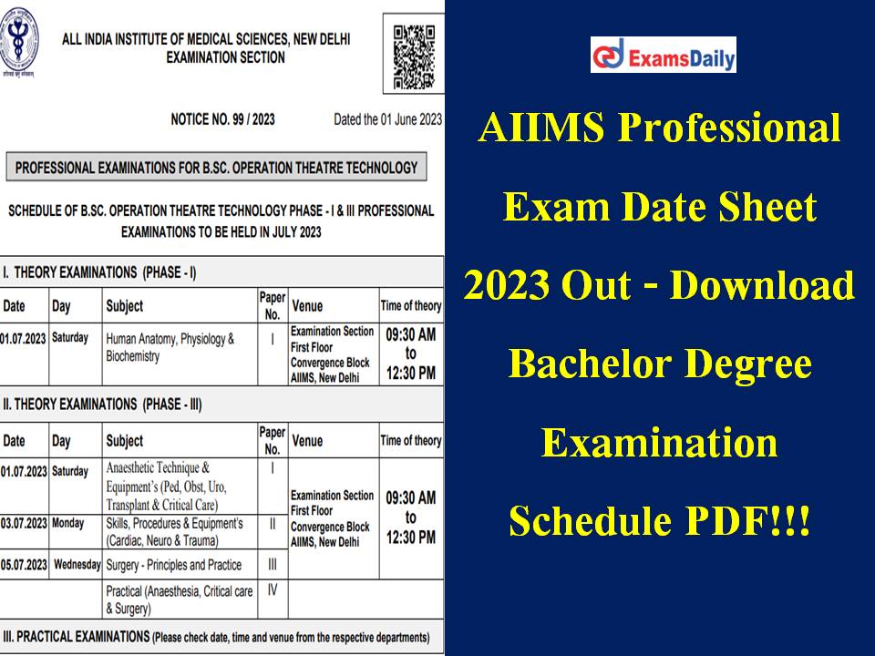 AIIMS Professional Exam Date Sheet 2023 Out