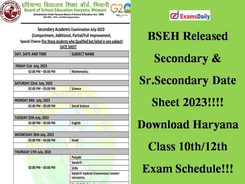BSEH Released Secondary & Sr.Secondary Date Sheet 2023!!!! Download Haryana Class 10th/12th Exam Schedule!!!