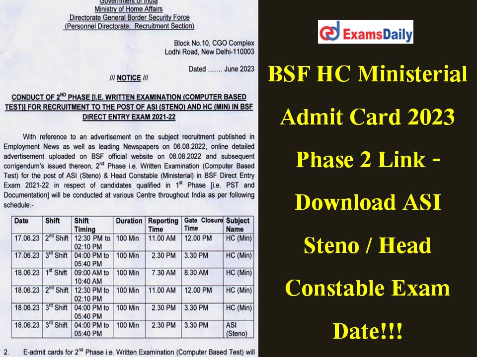BSF HC Ministerial Admit Card 2023 Phase 2 Link