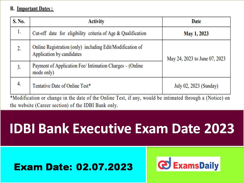 IDBI Bank Executive Exam Date 2023 Out – Download Tentative Date for Online Test & Admit Card Here!!!